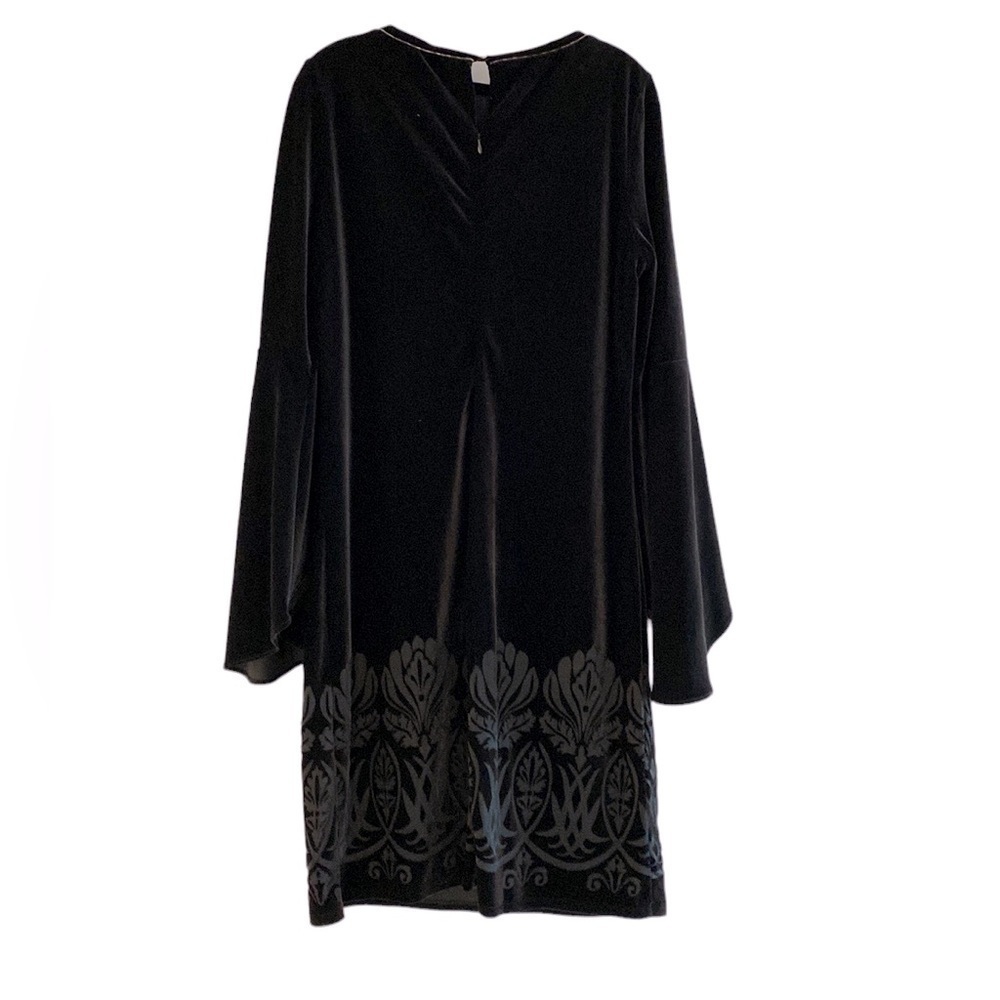 Black holiday dress. Gorgeous stretch washable velvet sheath with bell sleeves M